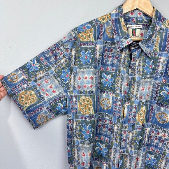 Vintage Tori Richard Hawaiian Print Button‎ Up Shirt Size XL Blue Floral Batik - Picture 3 of 10